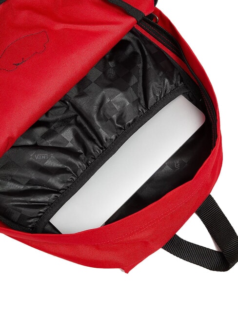 Interior de la mochila Vans Old Skool Grom roja con bolsillo organizador para tablet, cuadernos o accesorios de uso diario.