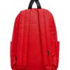 Parte trasera de la mochila Vans Old Skool Grom roja con correas ajustables para hombros y asa superior negra.