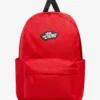 Mochila Vans Old Skool Grom roja VN000H56IZQ1 de 18 L, vista frontal con bolsillo delantero, logo Vans Off The Wall y diseño unisex.