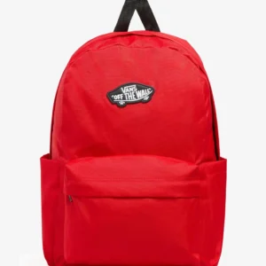 Mochila Vans Old Skool Grom roja VN000H56IZQ1 de 18 L, vista frontal con bolsillo delantero, logo Vans Off The Wall y diseño unisex.