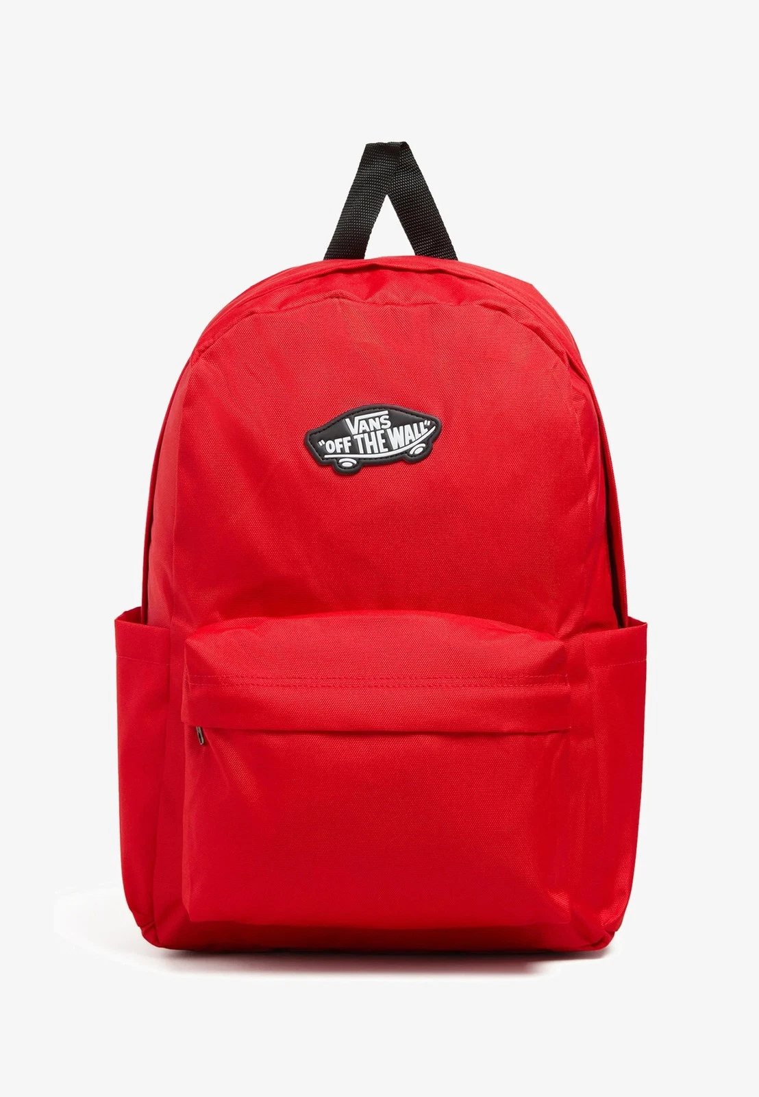 Mochila Vans Old Skool Grom roja VN000H56IZQ1 de 18 L, vista frontal con bolsillo delantero, logo Vans Off The Wall y diseño unisex.