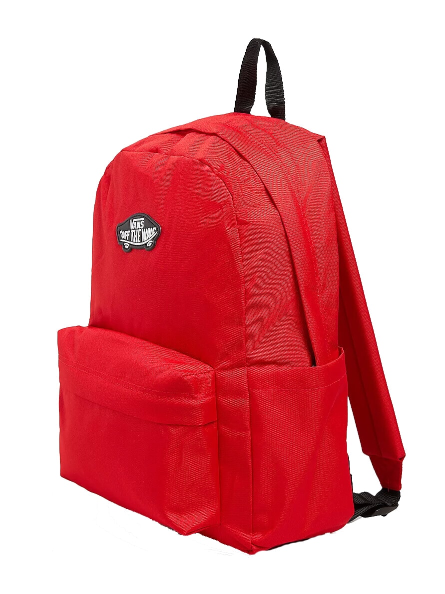 Mochila Vans roja Old Skool Grom vista lateral con bolsillo frontal, bolsillo lateral para botella y formato compacto de 18 litros.