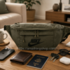 Riñonera Nike Tech Hip Pack BA5751-222 verde militar con móvil, cartera, pasaporte, llaves y auriculares sobre una mesa de salón