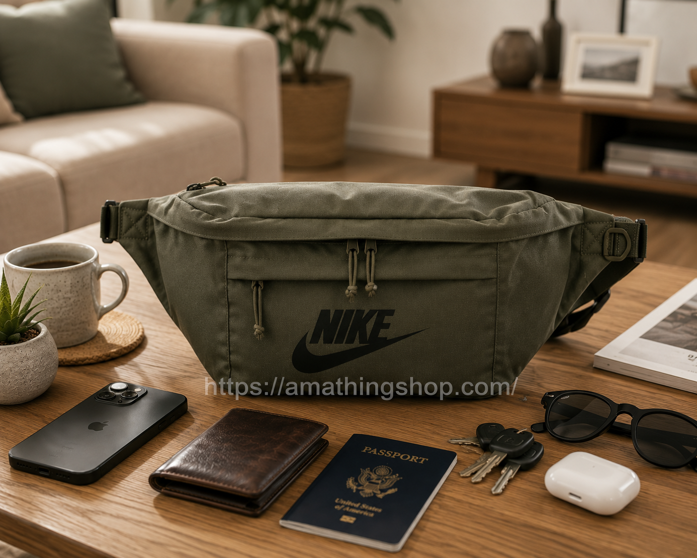 Riñonera Nike Tech Hip Pack BA5751-222 verde militar con móvil, cartera, pasaporte, llaves y auriculares sobre una mesa de salón