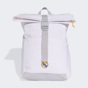Mochila adidas Real Madrid blanca original JN4150 vista frontal con cierre roll top y escudo oficial