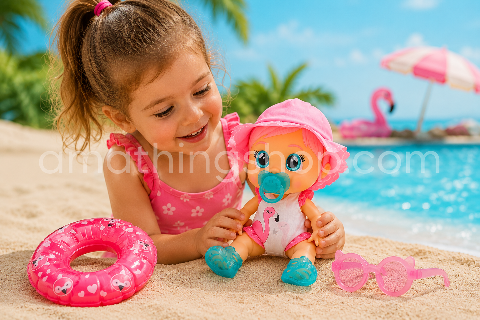 Muñeca Bebés Llorones Fun N'Sun Fancy con flotador, gafas y accesorios de playa
