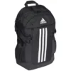 Mochila Adidas Power JZ2308 negra unisex con tres bandas blancas vista en perspectiva lateral, gran capacidad para gimnasio, instituto, universidad, trabajo y uso diario