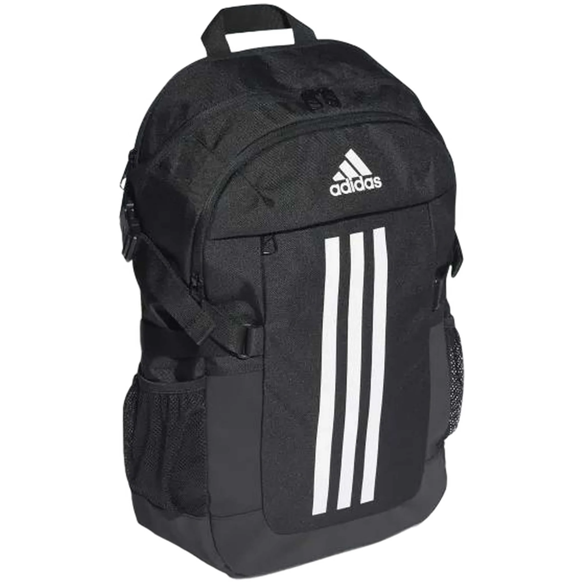 Mochila Adidas Power JZ2308 negra unisex con tres bandas blancas vista en perspectiva lateral, gran capacidad para gimnasio, instituto, universidad, trabajo y uso diario