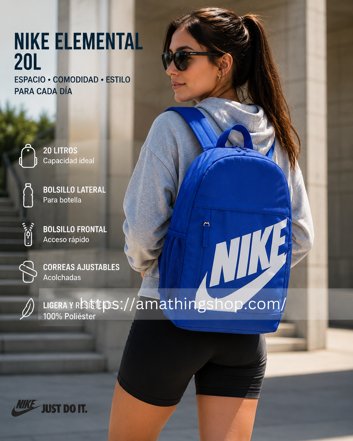 Mochila Nike Elemental 20L azul puesta mostrando capacidad, bolsillos y correas ajustables