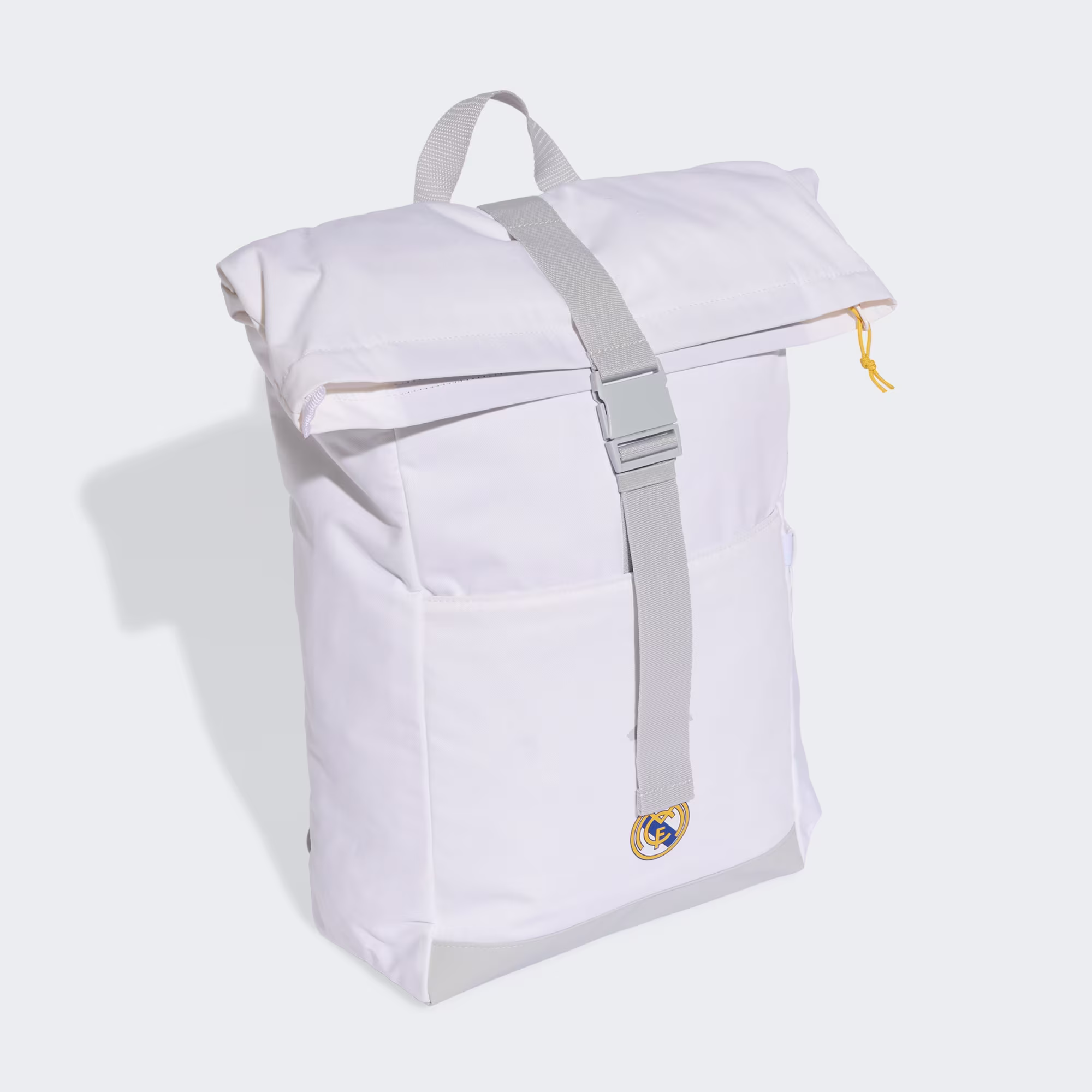 Mochila adidas Real Madrid blanca vista lateral con cierre enrollable