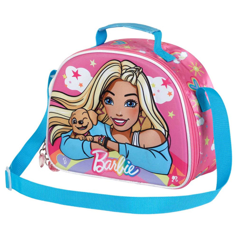 Portamerienda Barbie Rainbow 3D rosa con bandolera ajustable para niña
