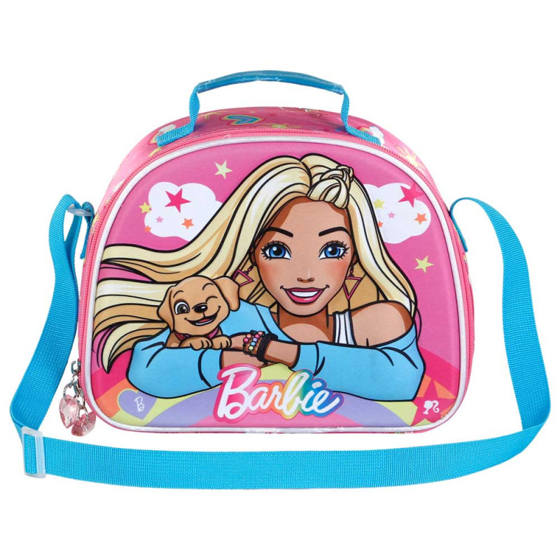 Portamerienda Barbie Rainbow 3D rosa con bandolera ajustable para niña