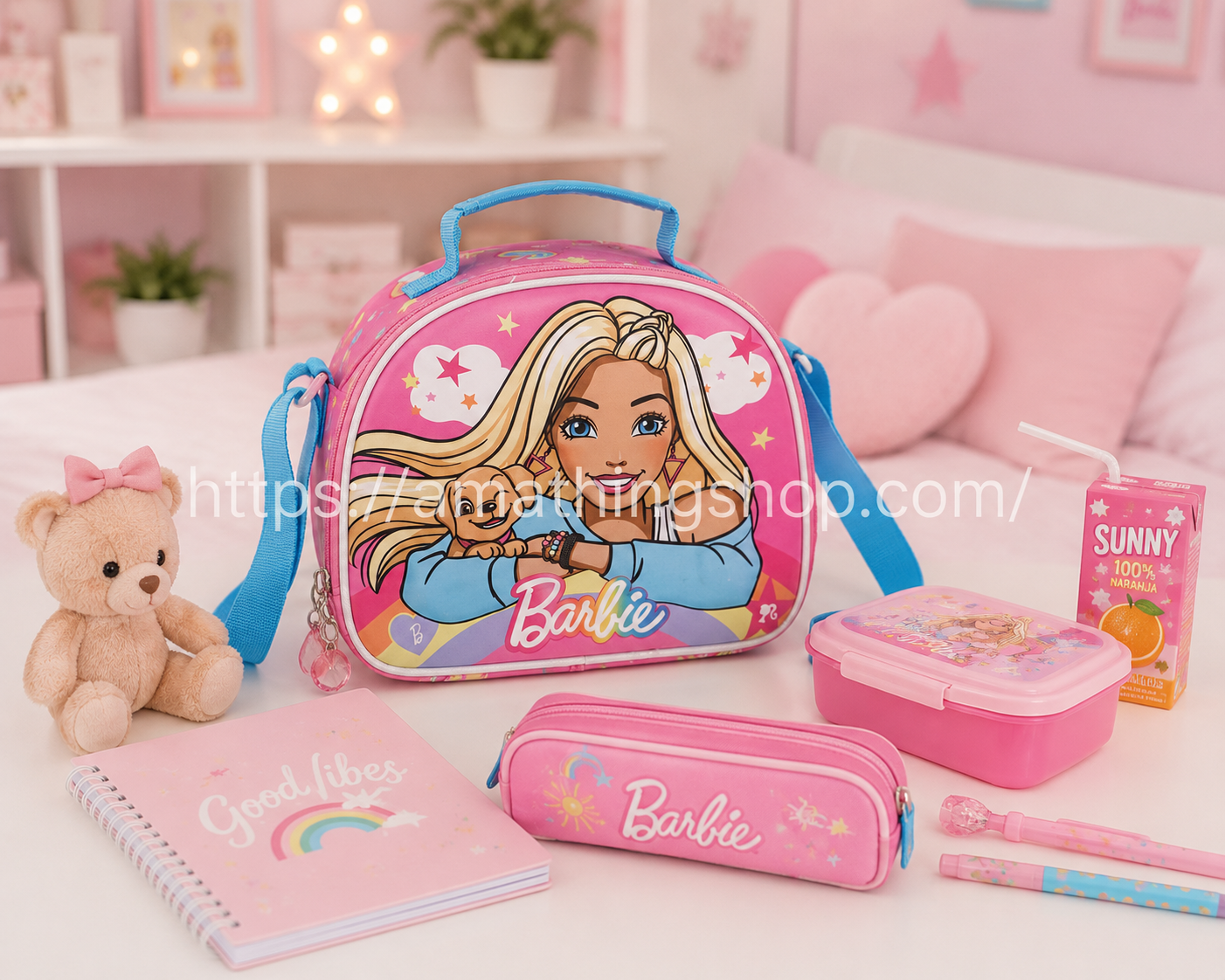 Portameriendas Barbie Rainbow rosa con lonchera, zumo y accesorios escolares infantiles