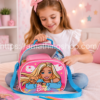 Niña llevando portameriendas Barbie Rainbow rosa con correa ajustable azul
