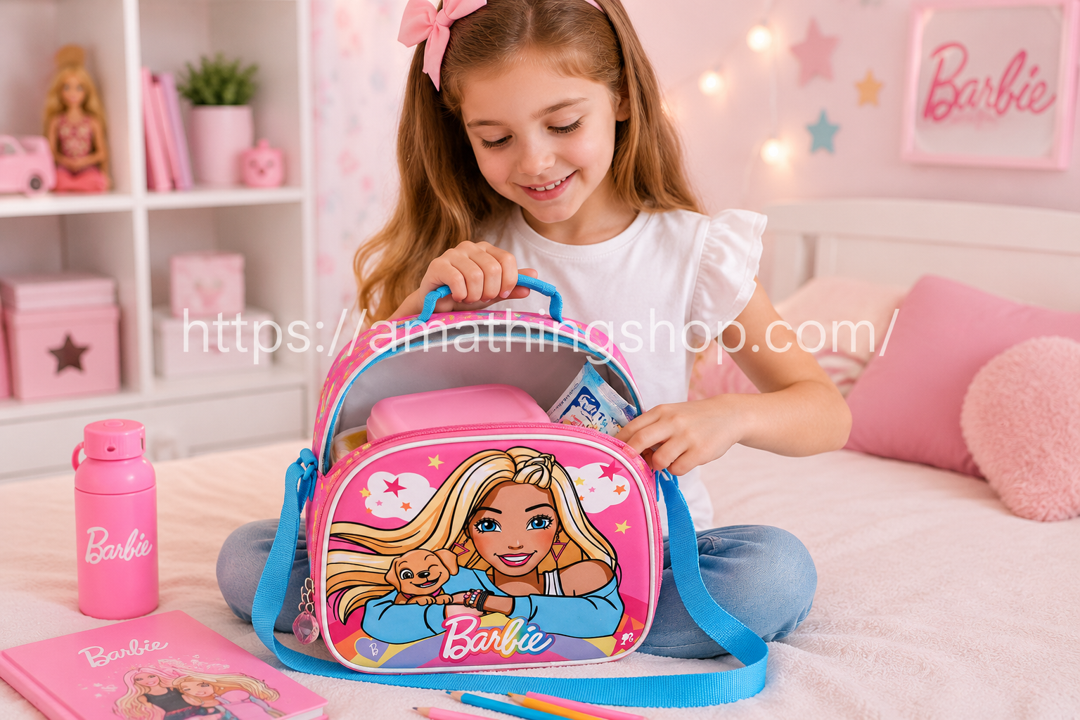 Niña llevando portameriendas Barbie Rainbow rosa con correa ajustable azul