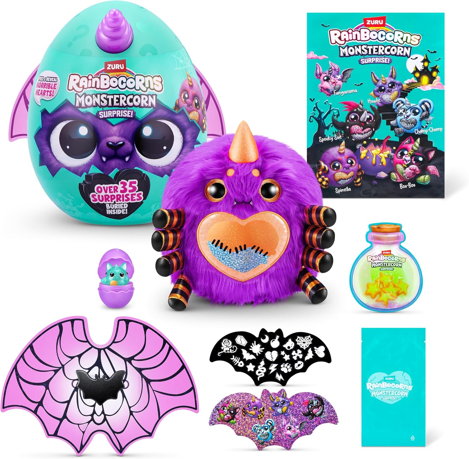 Contenido ZURU Rainbocorns Monstercorn con peluche alas Boo-boocorn y accesorios