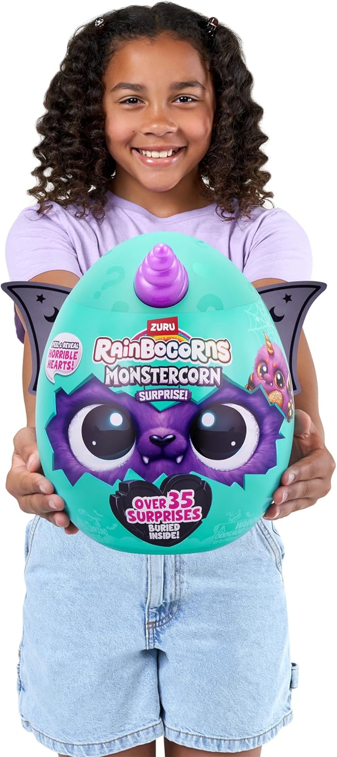 Niña sosteniendo huevo grande ZURU Rainbocorns Monstercorn Surprise