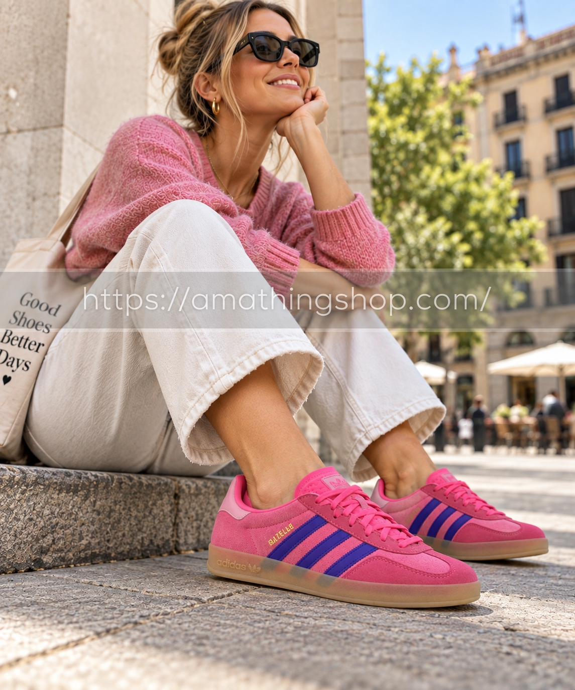 Mujer con adidas Gazelle Indoor rosas JQ0194 en look urbano
