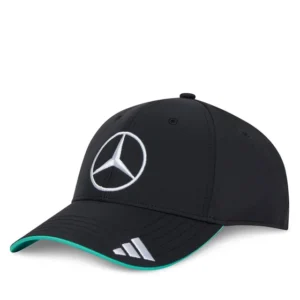Gorra adidas Mercedes-AMG PETRONAS F1 JW6267 negra con visera curva y detalles turquesa