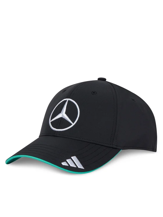 Gorra adidas Mercedes-AMG PETRONAS F1 JW6267 negra con visera curva y detalles turquesa