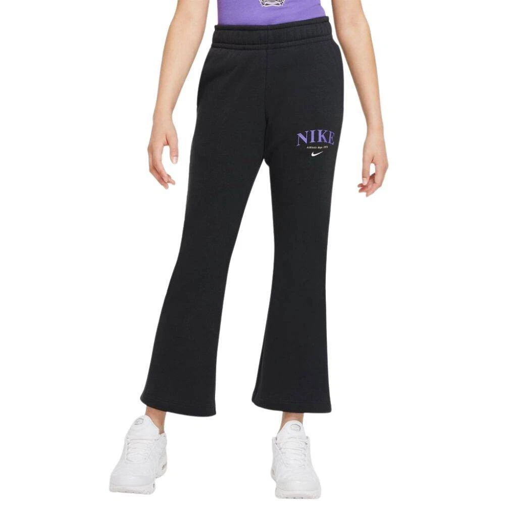 Pantalón de chándal Nike Sportswear Trend Fleece negro para niña con pernera acampanada y logotipo violeta, DV2564-045