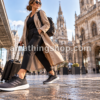 Mujer viajando con zapatillas adidas Pureboost 23 negras para caminar por ciudad