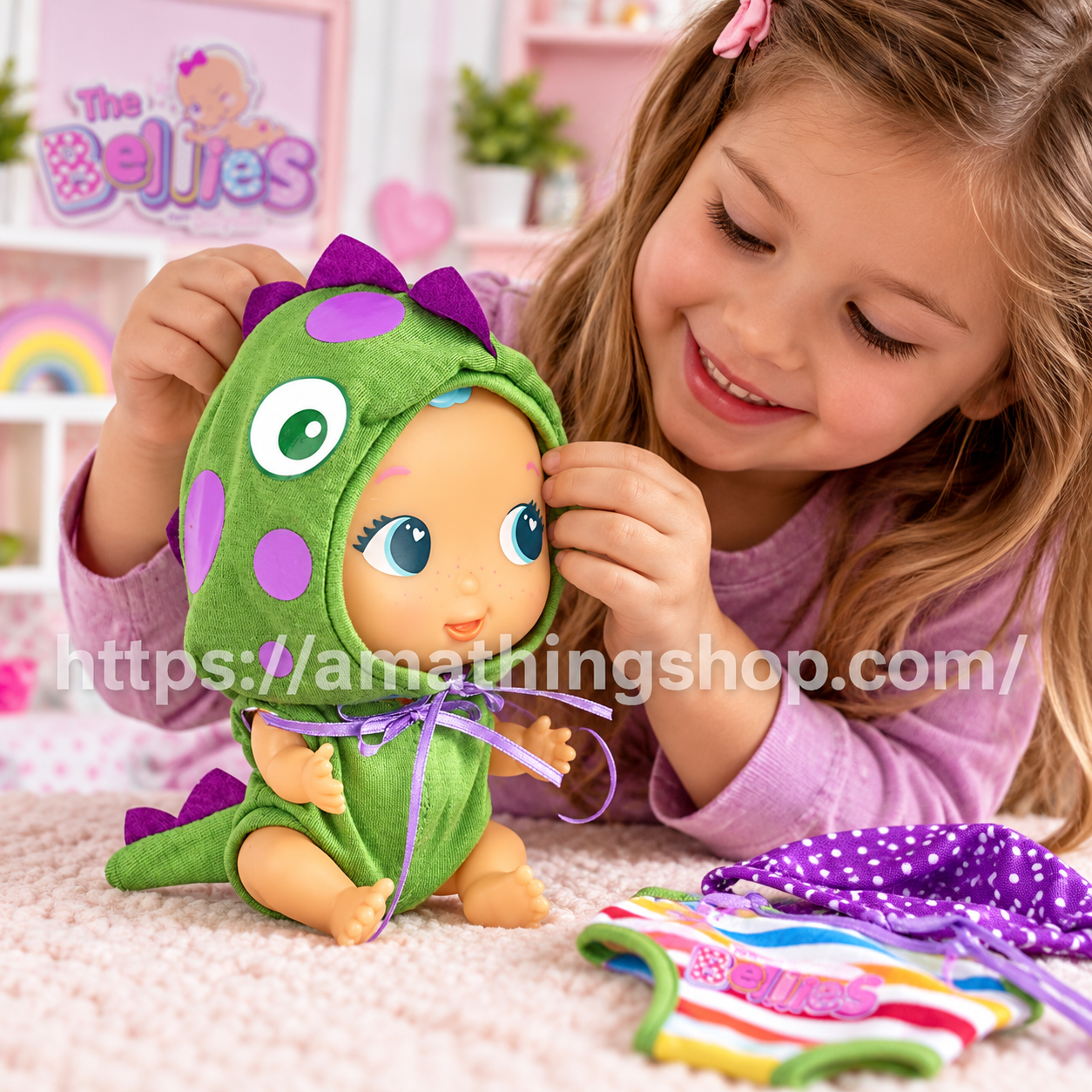 Niña jugando con muñeco The Bellies de Famosa de 17 cm vestido con disfraz de dragón verde y morado