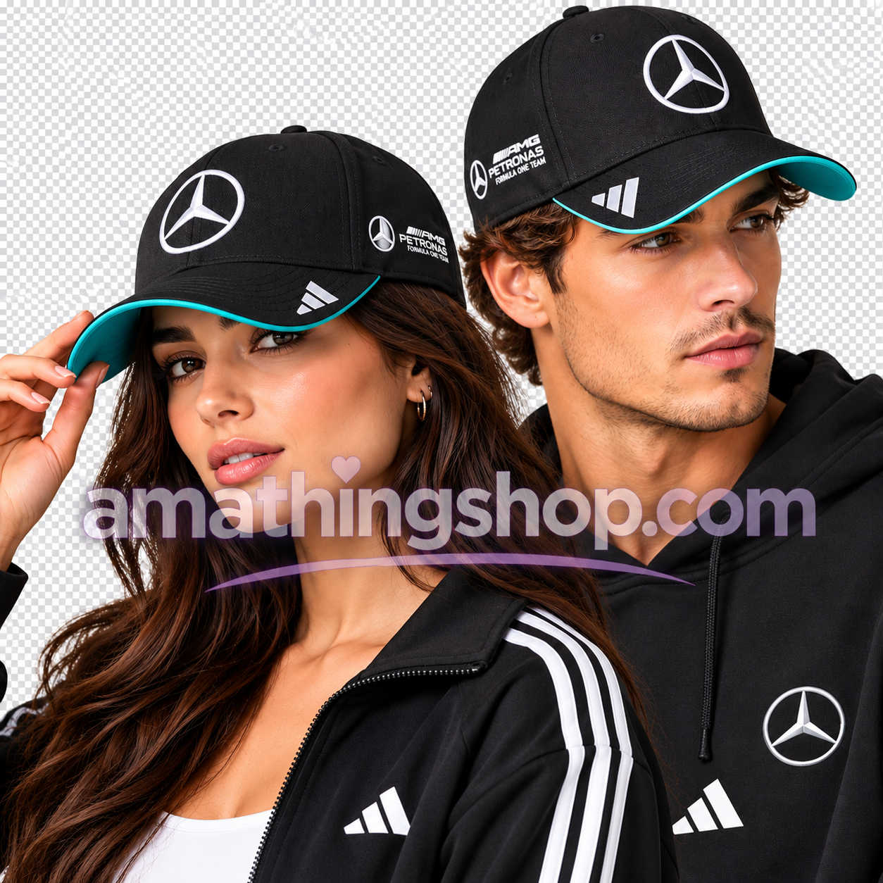 Mujer y hombre con gorra negra adidas Mercedes-AMG PETRONAS F1 de visera curva