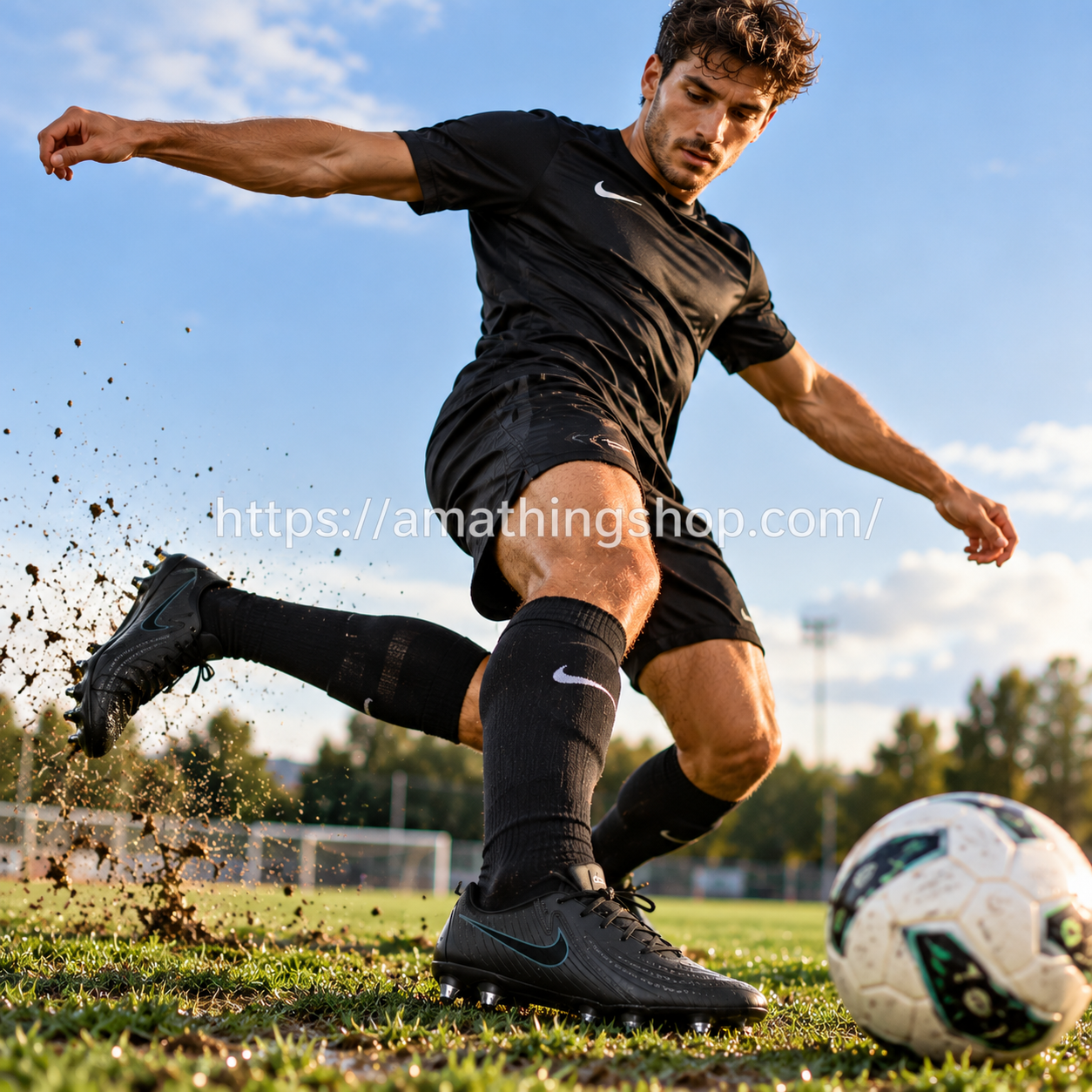 Futbolista con botas negras Nike Phantom GX II Academy SG-Pro AC realizando un disparo sobre césped natural.