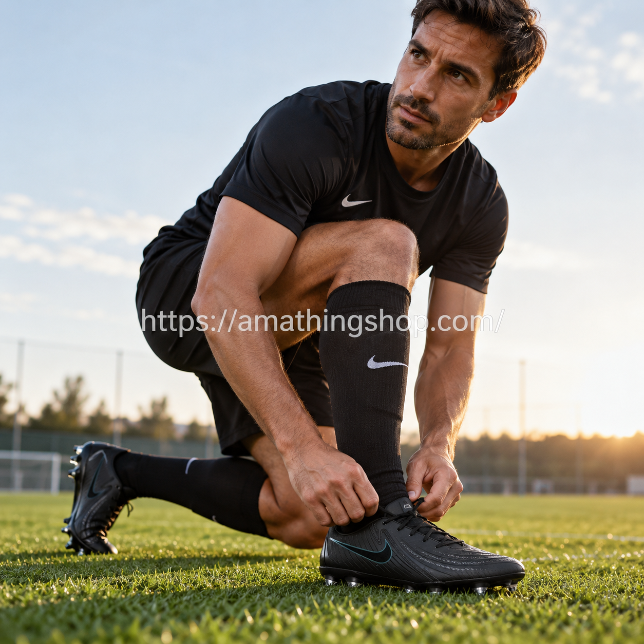 Hombre de 35 años ajustándose las botas Nike Phantom GX II Academy SG-Pro AC negras en un campo de césped natural.