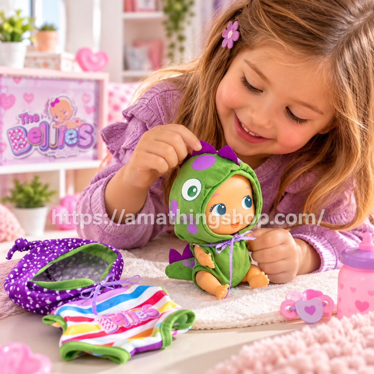 Niña jugando con muñeco The Bellies de 17 cm vestido de dragón verde y morado, junto al pelele reversible de Famosa